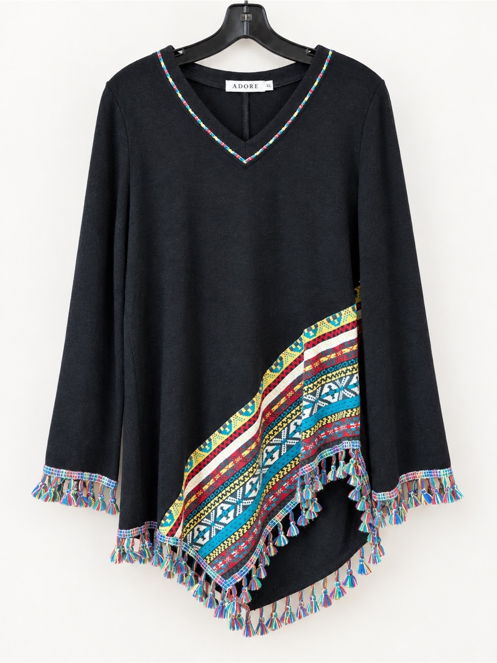 ADORE Black Boho Fringe Tassel Asymmetrical Tunic Top Size XL